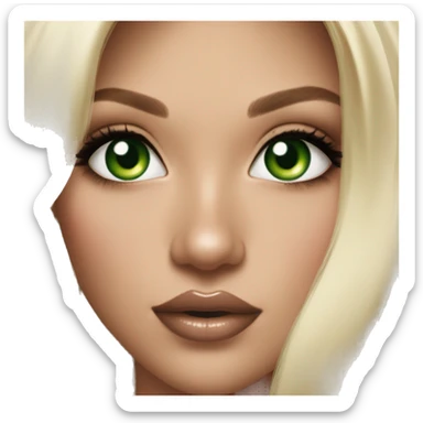 Beautiful girl with voluminous Blonde Long hair & green eyes & big lips & nude lipstick & very small nose & perfect face shape & natural makeup  sticker