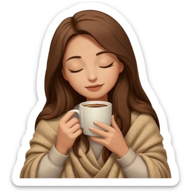 long brown hair woman closed eyes covered with cozy wool beige blanket, holding cup of coffee, autumn mood sticker