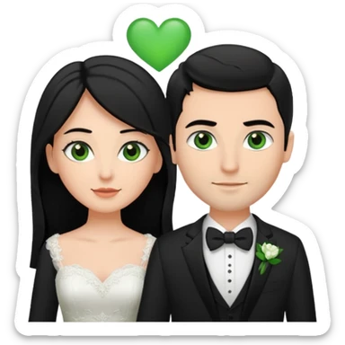 Brown hair groom, bride (woman) has black hair and brown eyes, groom (man)  has green eyes, black suite sticker