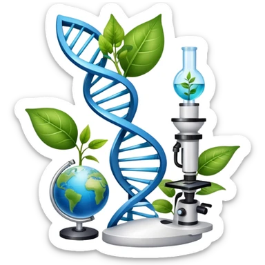 An icon featuring a DNA helix, a microscope, and a plant leaf, symbolizing biology. The design includes animal cells, a test tube, and a globe, representing the study of life forms, ecosystems, and genetics. Transparent background highlights the exploration of living organisms. sticker