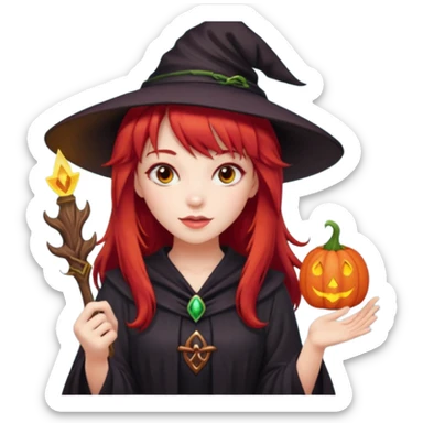 a witchy girl with long red hair and bangs holding a lucky sign sticker