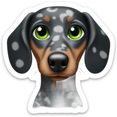 A black and grey Spotted dachshund with a blue and a Green eye  sticker