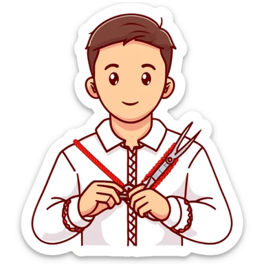 Ukrainian young man in a white embroidered traditional shirt holding a red thread with a needle and pliers sticker