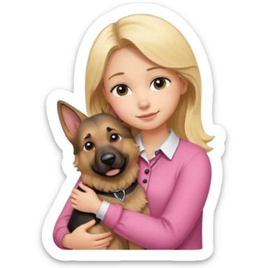 Garota loira fofa usando blusa rosa abraçando um cachorro pastor alemão  sticker