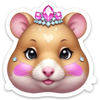 glamorous hamster portrait, head and shoulders only, exaggerated pink makeup, bright eyeshadow, long eyelashes, shiny blush cheeks, sparkling face gems, glitter accents, elegant earrings, fantasy beauty style, cute 3D cartoon, mobile game icon style, clean background, no text, no watermark
 sticker