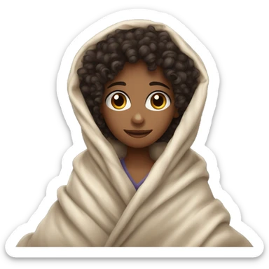 A curly-haired girl with dark hair is sitting wrapped in a blanket sticker