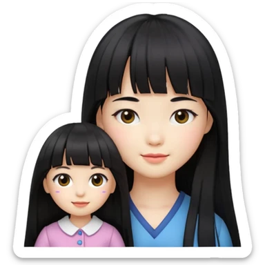 girl with long black hair, Korean style bangs, doll emoji style, subtle smile sticker