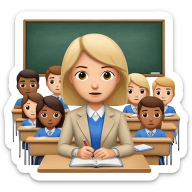 exhausted teacher in a bustling classroom sticker