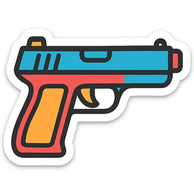 stylized gun icon, colorful lineal icon with black outlines sticker