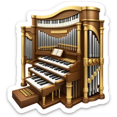 Create an elegant and majestic emoji representing a classical organ. The emoji should feature the grand pipes of the organ in the background, with visible details of the keys and pedalboard in the foreground. The pipes should be tall and impressive, with a mixture of gold, silver, and metallic shades to emphasize the grandeur of the instrument. The keyboard and pedals should be well-defined, capturing the intricate craftsmanship of the organ. Use dark wood tones and gold accents for the body of the instrument to give it a rich, historic feel. Add subtle musical notes around the organ to evoke its deep, resonant sound. The background should be transparent. sticker