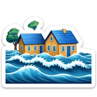 showing a flood disaster scene with powerful blue water waves overflowing around small houses and trees, dark cloudy sky, heavy rain falling, dramatic yet simple design sticker