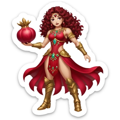 full body woman long curly brown hair brown eyes white skin tattoos muscular build pomegranate empress armor split open jewel seeds glow sticker