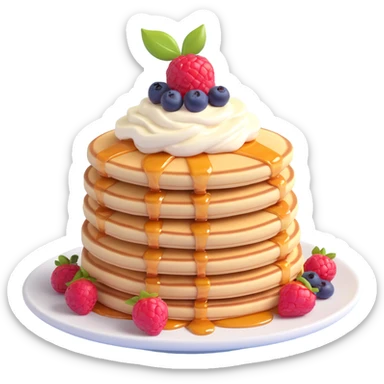stack of pastel pink pancakes with fruit and cream, high gloss, soft shadows, realistic and delicious sticker