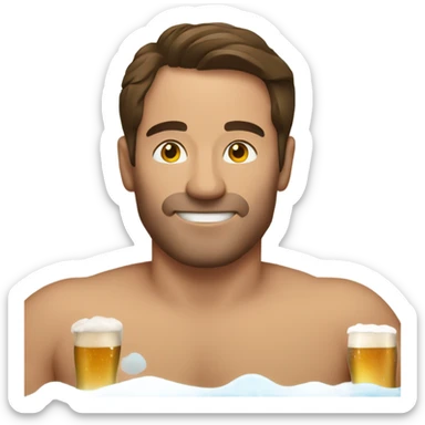 Man with brown hair in hot tub with beer sticker