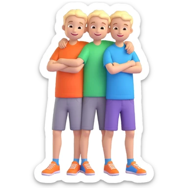 Two cartoon-style 2 boys with similar features, arms around each other's shoulders, smiling, matching outfits, standing close, white background, emoji style sticker