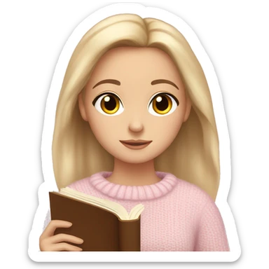 Pretty brown eyed white girl with light pink sweater reading cozy sticker