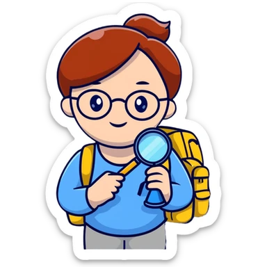 Cheerful woman hiker in her late 30s with glasses, backpack, and one magnifying glass in her right hand sticker
