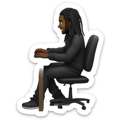 Black-guy-with-dreads-wearing-black-trackstuit-sitting-down-on-chair facing-foward-focused-on-laptop-computer- sticker