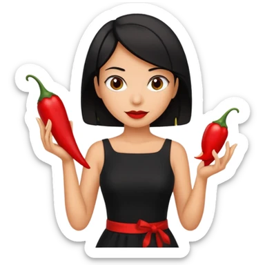 black short shoulder length hair tanned woman, black dress cooking, holding chili pepper sticker
