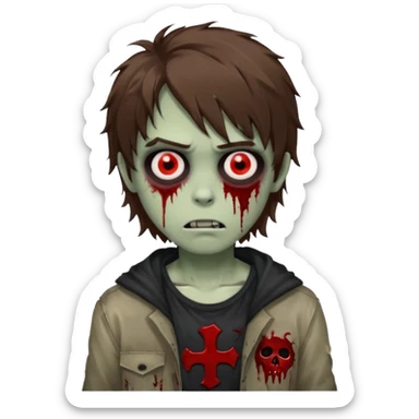 Boy, zombie, brown hair, medium long and wavy, emo, shaggy, dark, spooky, creepy expression sticker