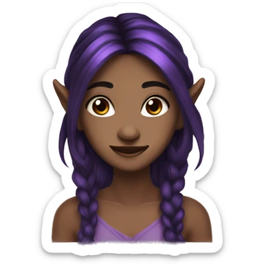 Fae with dark black hair and purple streaks, pointy ears, brown eyes, beautiful, smiling sticker