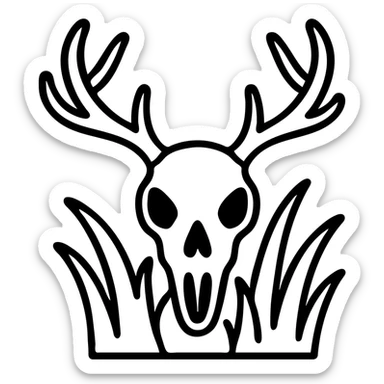 deer skull in tall grass, stylized cartoon, bold outlines sticker