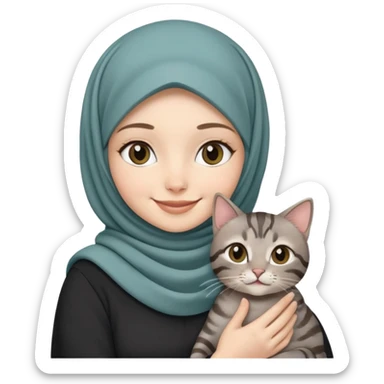 White girl wearing hijab smiling while holding a black grey tabby cat sticker