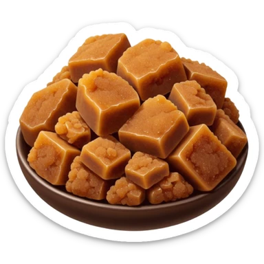 loose mound of dark brown sugar, moist and clumpy texture, rich amber color, fine but irregular granules forming soft clusters, matte finish, natural stickiness from molasses, soft lighting, subtle shadows, emoji scale sticker