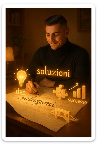 Un uomo concentrato, seduto alla sua scrivania in una stanza con luce calda, sta scrivendo su un enorme foglio di carta che si espande magicamente davanti a lui. Mentre scrive, le parole si trasformano in elementi visivi tridimensionali che rappresentano le soluzioni ai suoi problemi in italiano sticker