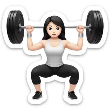 Девушка белокожая, с длинными темными волосами, в одежде для йоги - черные лосины, белый топ, делает присед со штангой 100 килограмм на плечах, вид в профиль , правильные пропорции тела, только человек sticker