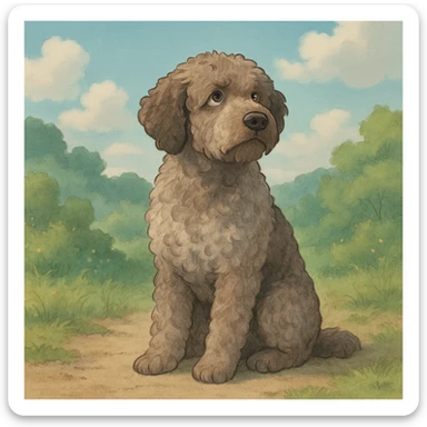 illustration of a roan Lagotto Romagnolo dog, sitting, soft background, ghibli style sticker