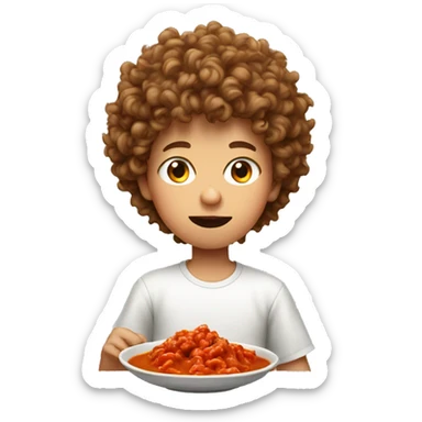 Boy with perm, eating a red curry sticker