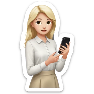 a young woman standing inside a modern train carriage. one hand is holding a vertical pole with one hand while looking at her smartphone in the other. sticker