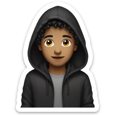a young male with medium skin and curly black hair, wearing a black hoodie sticker