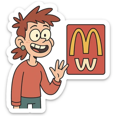 fake McDonald's logo with altered golden arches, quirky and fun, flat design sticker