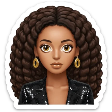 Solange with long dark brown hair, black sequin outfit sticker
