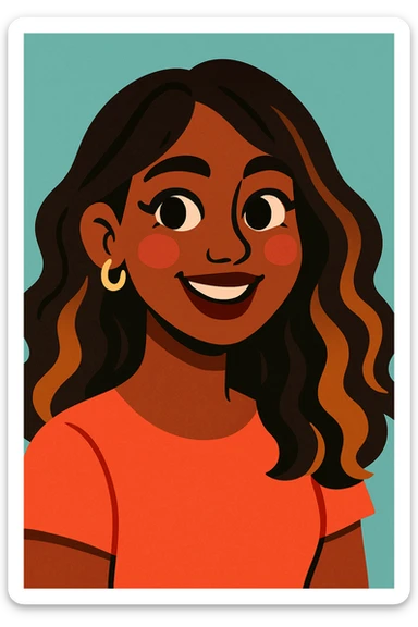 young woman with dark skin, brunette hair with caramel balayage, brown eyes, curled lashes, blush, in a vibrant, expressive illustration sticker