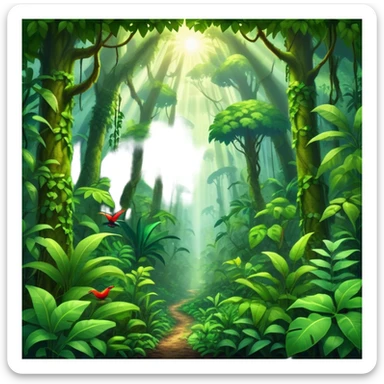 Cinematic Realistic Rainforest Emoji in a wooden frame, Lush and vibrant, filled with towering trees, thick vines, and dense green foliage, sunlight filtering through the canopy above, creating dappled patches of light on the rich, diverse undergrowth. The air is heavy with moisture, with mist rising from the forest floor and distant calls of exotic birds and animals echoing through the trees. Soft glowing outline, capturing the essence of a thriving, untamed tropical paradise filled with life! sticker