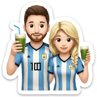 Messi in Argentina jersey and Shakira in a stage outfit, toasting with yerba mate, both smiling, cute and fun emoji style sticker