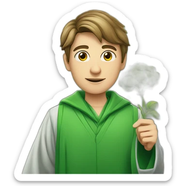 a European-looking student in a green robe with a sprout of green in his hands sticker