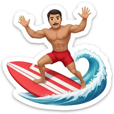 50 year old, muscular, dark haired, tan, red shorts man riding a big wave sticker