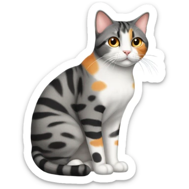 Grey and black tabby with white legs loving a calico cat sticker