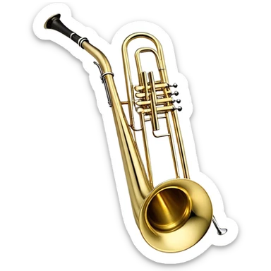 Create a sleek and professional emoji representing the Brahner TB-420 Bb/F tenor trombone. The design should feature the smooth, shiny brass body of the trombone with its distinct curved tubing and large bell. Highlight the tuning slide and the mouthpiece at the top of the instrument. The brass finish should be polished and reflective, with silver accents on the mouthpiece and tuning slide. Add subtle musical notes or soundwaves floating around the trombone to evoke its bold, brassy sound. Use golden and brass tones for the trombone with light reflections to emphasize its high-quality craftsmanship. The background should be transparent. sticker