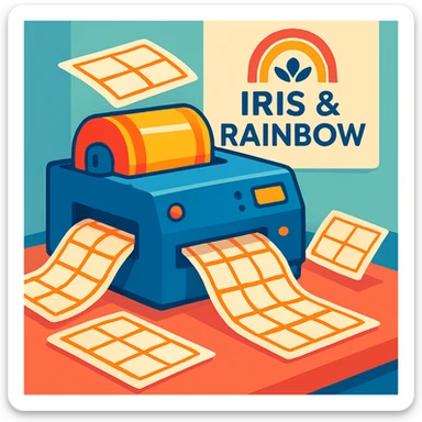 A busy label printer in action, sheets of labels coming out, and a stylish 'Iris & Rainbow' logo in the background, playful and bright, colorful, modern, vibrant, clear, clean, professional sticker