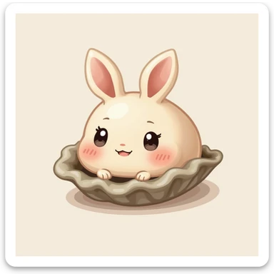 cute oyster with smiling expression, cream color, pink cheeks, doe eyes, greige shell, photorealistic style sticker