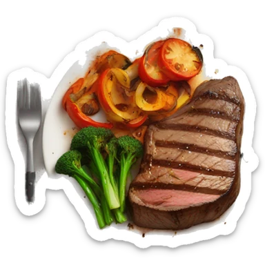 cooked steak and burnt veggies on a plate sticker