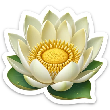 White lotus flower with botanically accurate yellow seedpod center showing honeycomb-like pattern of seed chambers, surrounded by white petals and accurate notched lotus leaf sticker