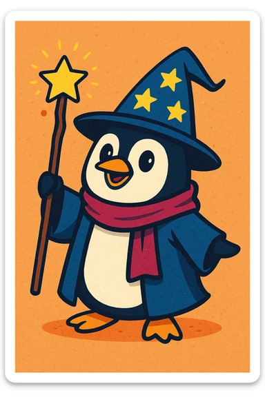 a penguin dressed as a wizard, with a pointy hat and a magic staff, fun whimsical style, vibrant toon style sticker