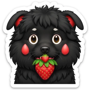 A black fluffy dog with a strawberry sticker