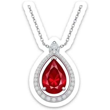 teardrop ruby pendant pulsing fiery red, cradled in a floating silver chain, haloed by glistening white stones like stardust sticker